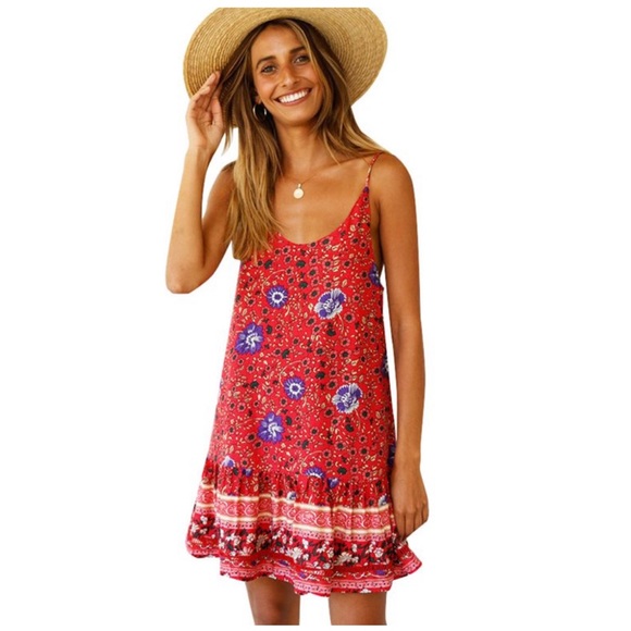 Rose Printed Spaghetti Strap Summer Dress